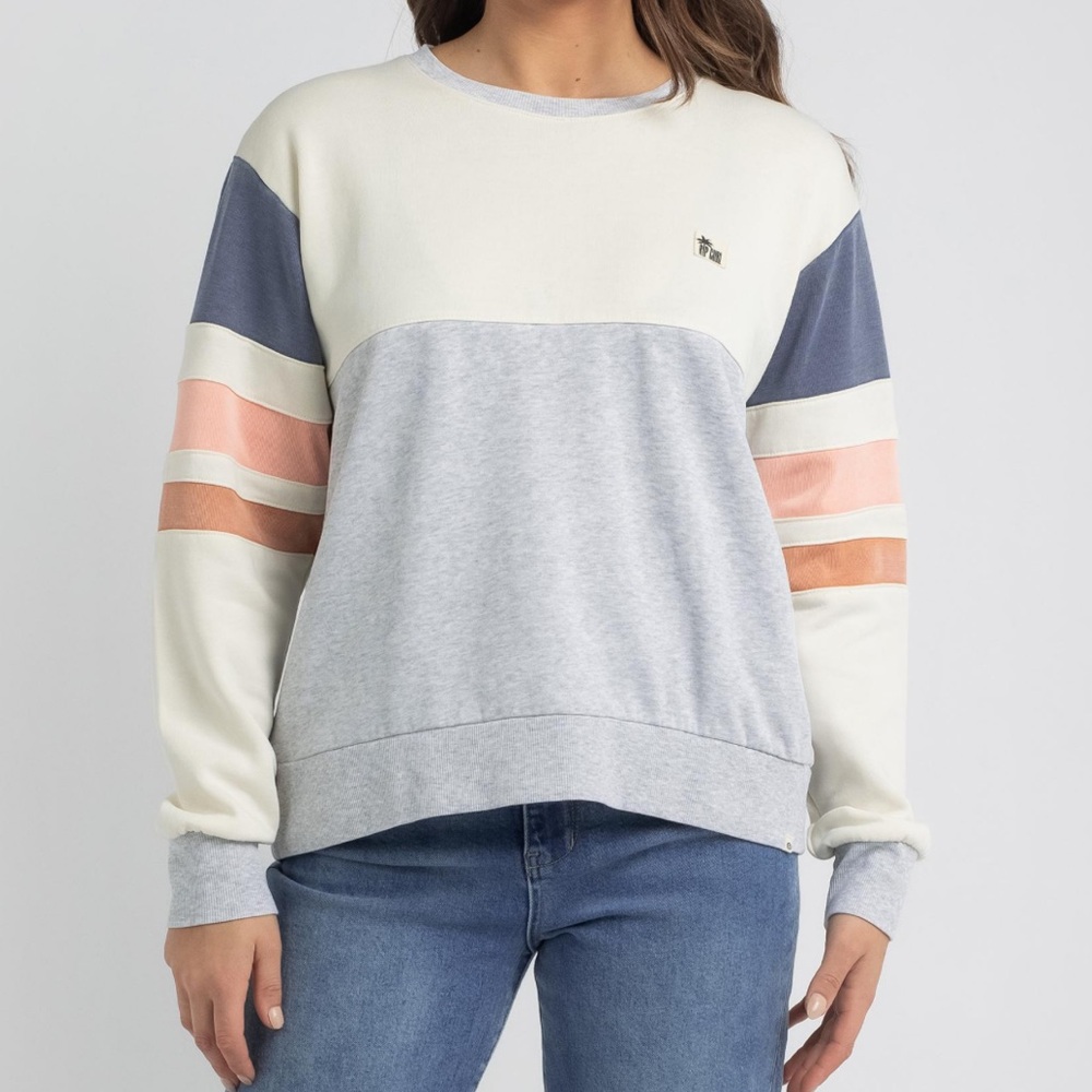 Rip Curl Cream and Gray Crew Neck Sweater with Sporty Stripes